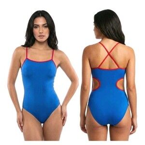 Aja VTG Side Cutout Keyhole Crossback Strappy Dance Leotard w/ Bra Blue Size AM